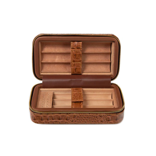 SIKARLAN Tan Brown Leather Crocodile SIX Count Travel Humidor